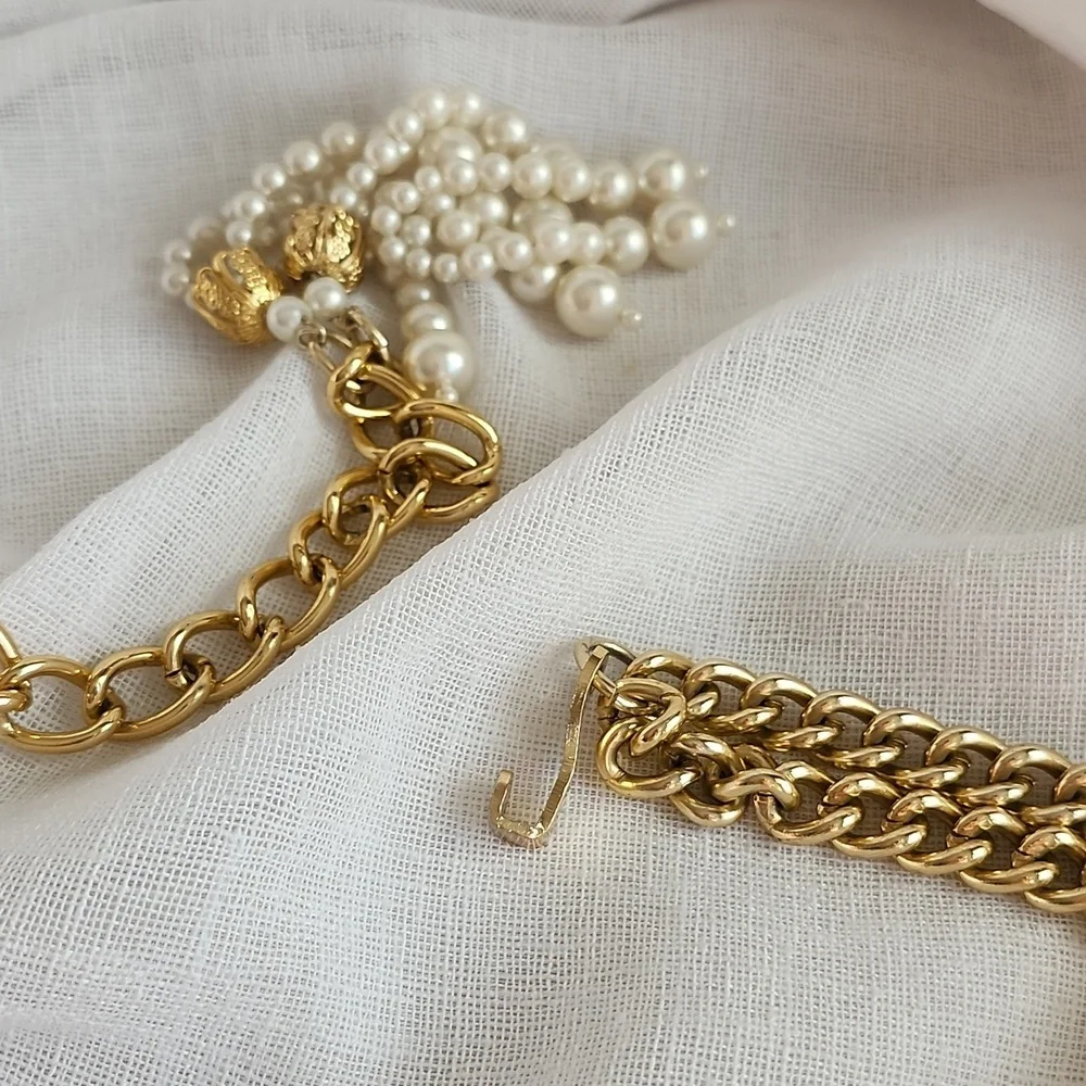 Vintage Good Condition Stunning Faux Pearl & Gold-Tone Chain Belt, M, $50